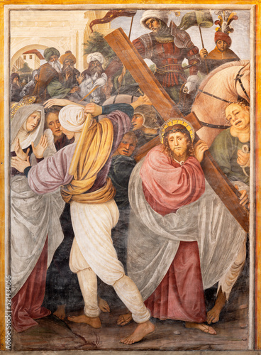 VARALLO, ITALY - JULY 17, 2022: The renaissance fresco Cross Way in the churc...