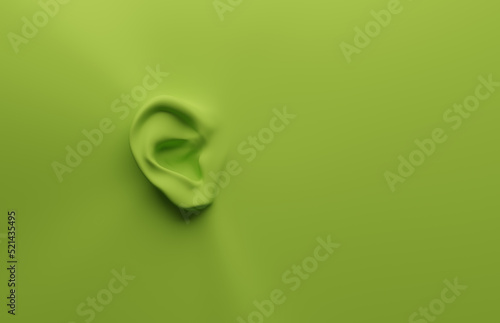 Green ear on a green background, health care or alertness concept, 3d render photo