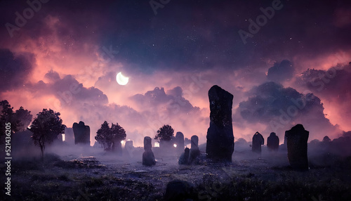 Gloomy night cemetery, stone monuments. Sky with clouds, fog. Dramatic scene for Halloween background. 3D illustration