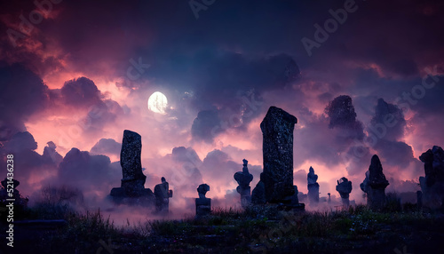 Fotografie, Tablou Gloomy night cemetery, stone monuments