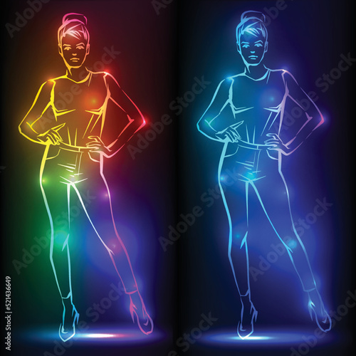 Fashion woman. Female model. Hand drawn fashion lady. Banner with neon silhouette of sexy woman figure, beautiful silhouettes, nightclub, vector illustration