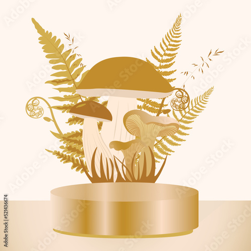 golden 3d podium layouts. Golden autumn. Mushrooms, chanterelles, blackthorn, white mushroom. Luxurious golden background. Hello autumn, the leaves of the wreath.background vector 3D platform.