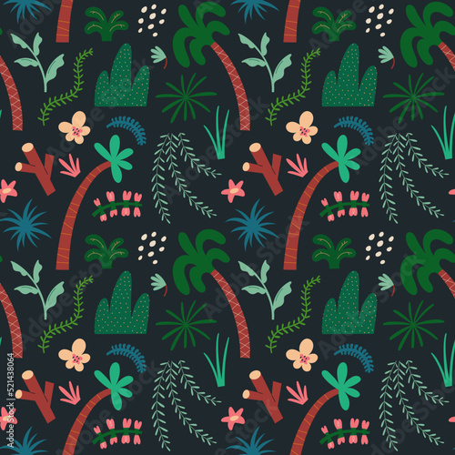 Tropic plants pattern, various reinforest trees and foliage, hanging lianas, palmtree. Seamless print with botanical elements. Exotic forest plants and leaves, stylized illustration, good for package