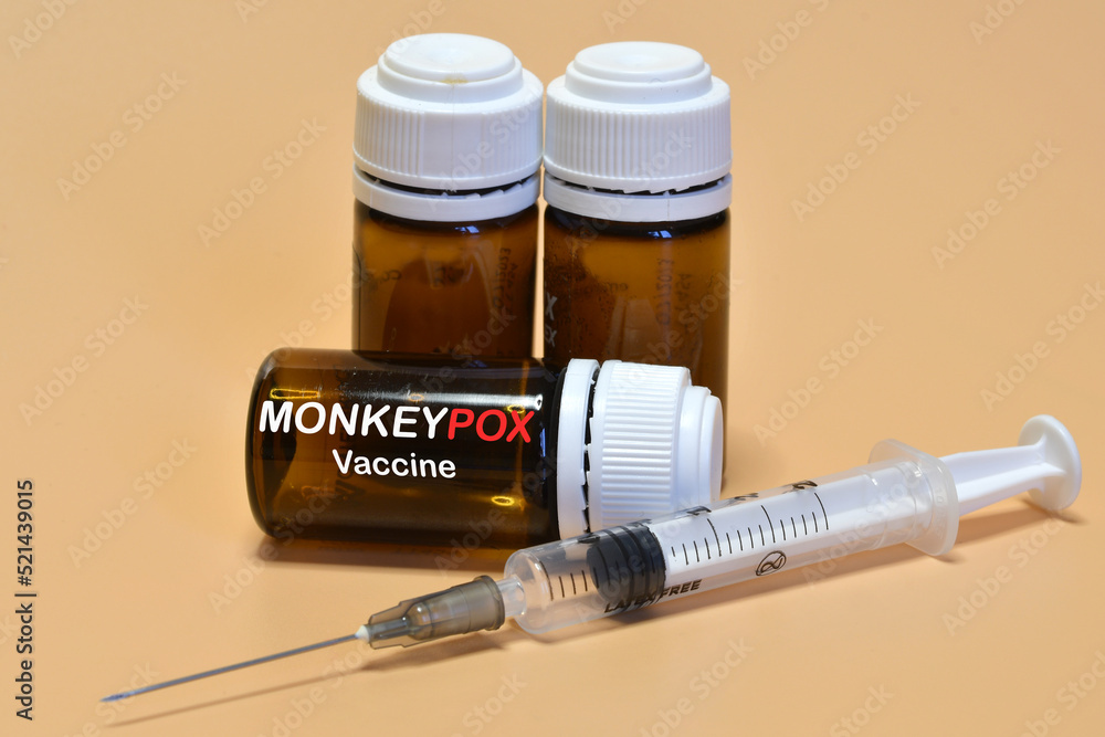 Vaccination for Smallpox and Monkeypox (MPXV). Syringe with vial of the doses vaccine for Monkeypox (MPXV) disease. Vaccination for Smallpox and Monkeypox (MPXV). Syringe with vial of the doses vaccine for Monkeypox (MPXV) disease.