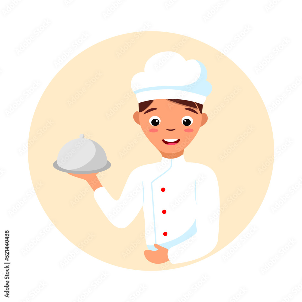 Vector smiling man cook shef. Cartoon conceptual illustration isolated on white background with cute boy character. Restaurant or cafe cooking logo design. Vector smiling man cook shef. Cartoon conceptual illustration isolated on white background with cute boy character. Restaurant or cafe cooking logo design.