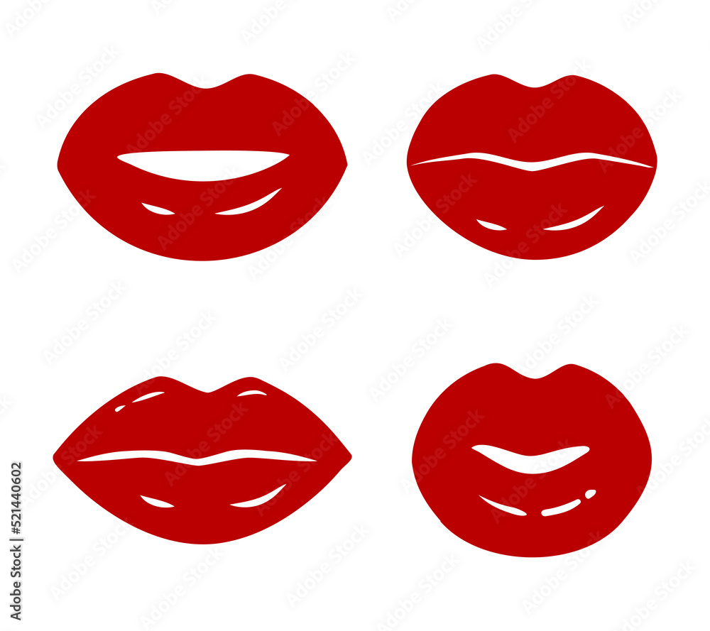 Red lips vector icon set isolated on white background. Women mouth, red kiss silhouette shape. Fashion glamour illustration. Red lips vector icon set isolated on white background. Women mouth, red kiss silhouette shape. Fashion glamour illustration.