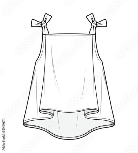 sleeveless strappy blouse flat sketch vector illustration women, girls stappy knot crop blouse template
