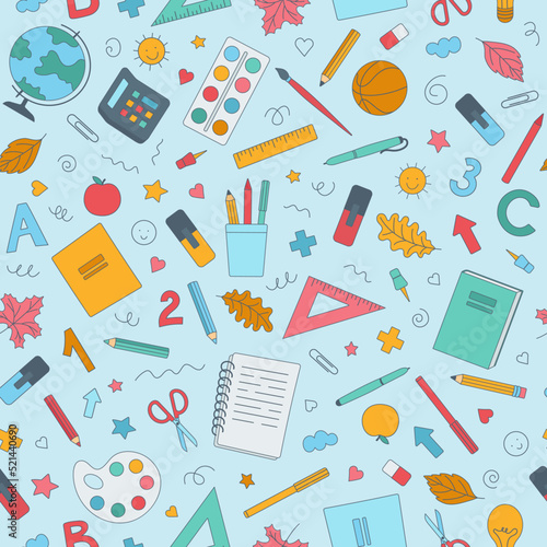 Back to school.  Fun school seamless pattern with school supplies. Suitable for wrapping paper, scrapbooking, stationery, wallpaper, children's textiles.