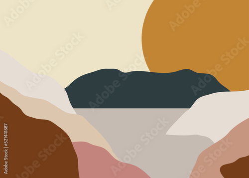 Contemporary abstract landscape with hills and lake in modern minimalists style. Vector illustration in warm colors is perfect for social media, site, wall art, posters, cards, prints etc
