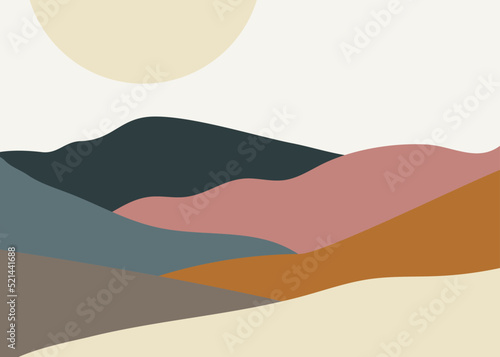 Contemporary abstract landscape with hills, fields and mountains in modern minimalists style. Vector illustration in warm colors is perfect for social media, site, wall art, posters, cards, prints etc