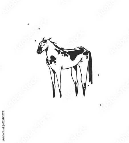 Hand drawn abstract vector graphic clipart illustration boho horse logo element isolated.Western design concept.Bohemian wild west contemporary art.Cowboy modern drawing.Feminine cowgirl graphic logo.