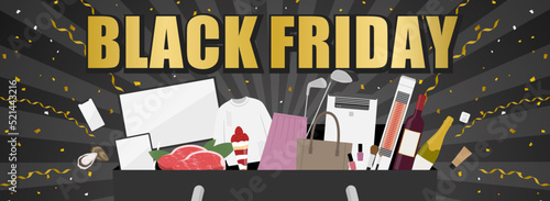 ブラックフライデー広告テンプレート／ショッピングバッグから飛び出る色々な品　黒背景（横長）