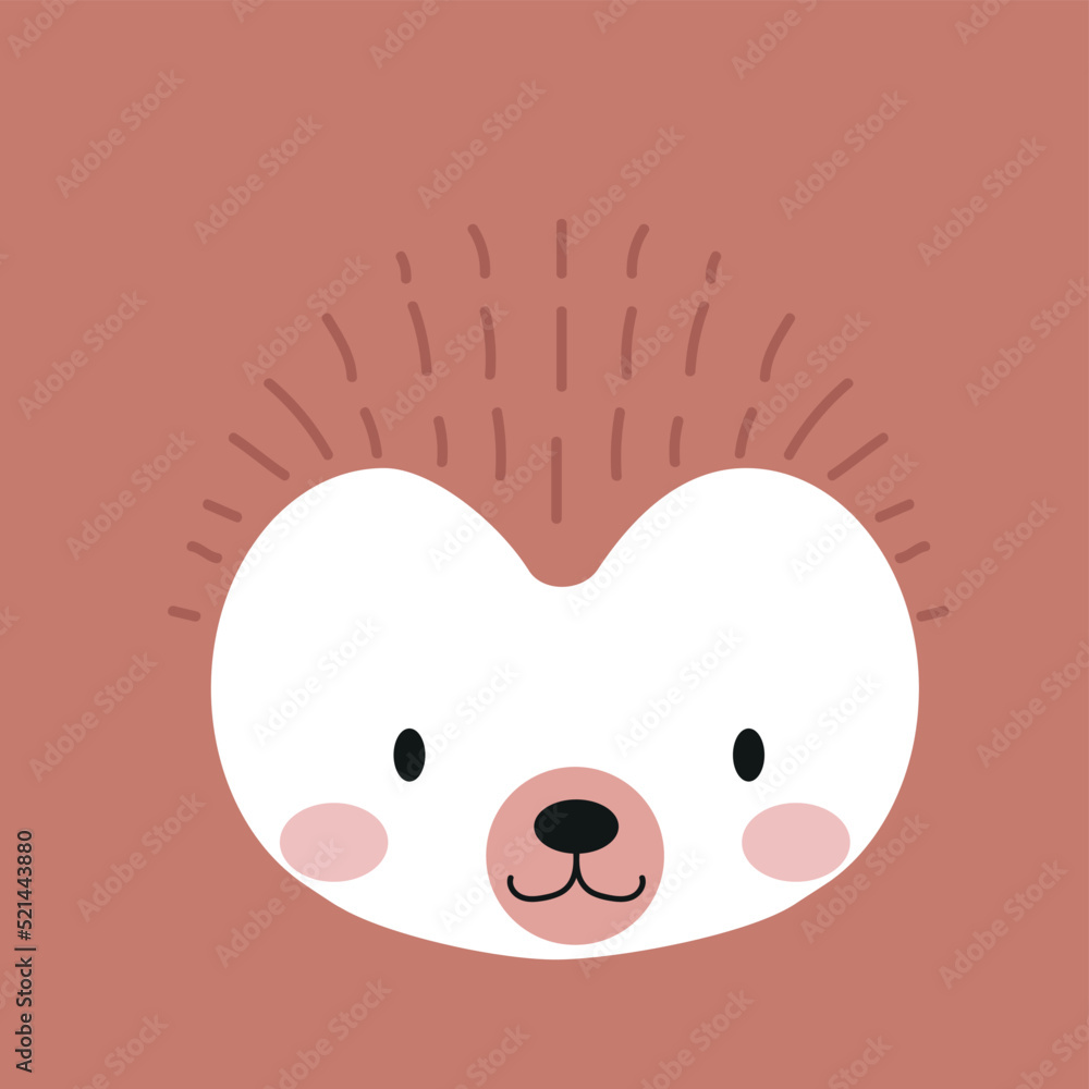Cute hedgehog face, muzzle, animal head, portrait. Nursery character card for childish design of wrapping paper, fabric, textile, poster, graphic, print. Scandinavian cartoon vector illustration Cute hedgehog face, muzzle, animal head, portrait. Nursery character card for childish design of wrapping paper, fabric, textile, poster, graphic, print. Scandinavian cartoon vector illustration