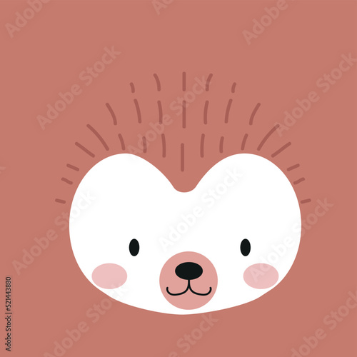 Cute hedgehog face, muzzle, animal head, portrait. Nursery character card for childish design of wrapping paper, fabric, textile, poster, graphic, print. Scandinavian cartoon vector illustration
