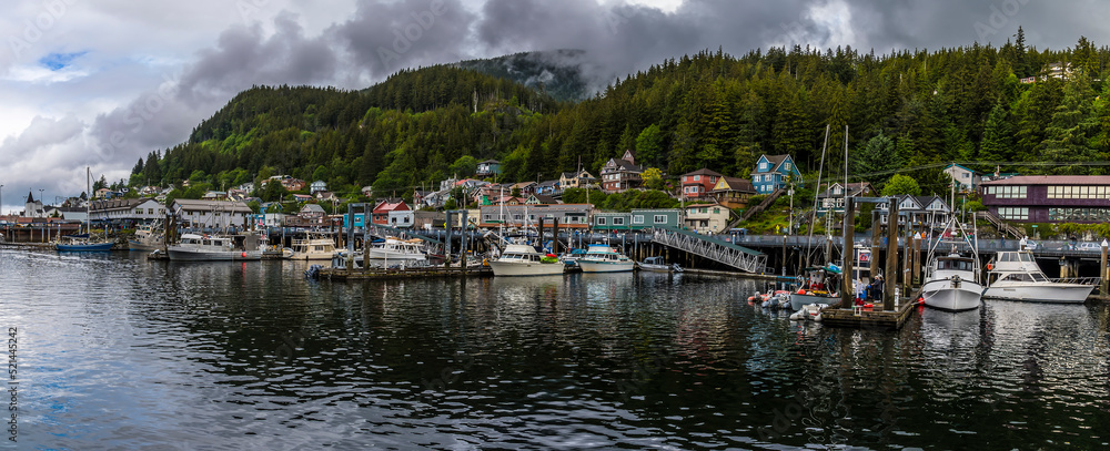 A panorama view across the port and harbour at Ketchikan, Alaska in summertime