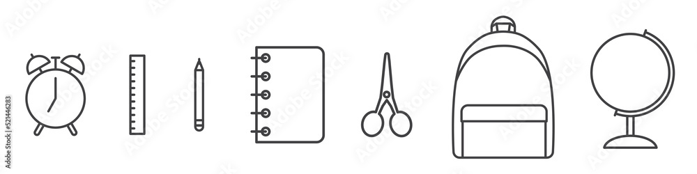 back to school icon set, alarm clock, ruler, scissors, pencil, notebook, scissors, backpack and globe - vector illustration back to school icon set, alarm clock, ruler, scissors, pencil, notebook, scissors, backpack and globe - vector illustration