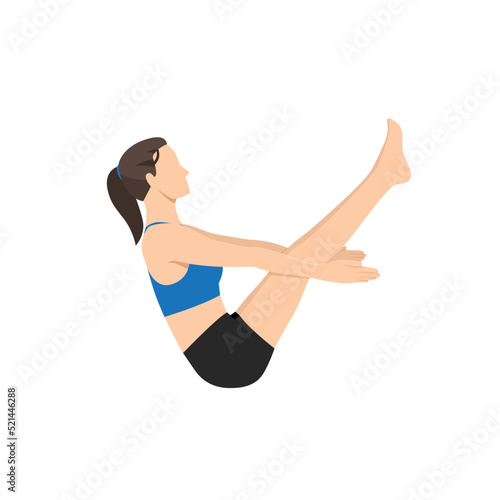 Woman doing Complete Boat Pose, Naukasana, Navasana. Beautiful girl practice Paripurna Navasana. Flat vector illustration isolated on white background