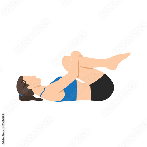 Woman doing Wind Release Pose, Gas Release Pose, Resting Gas Release Pose, Apanasana, Apasana. Practice Pawanmuktasana. Flat vector illustration isolated on white background
