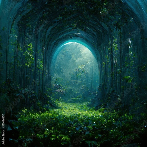 Raster illustration of tunnel in the forest of trees. Passage through the dense forest, natural wonders, wild, portal to another world, courtship of nature. 3D artwork raster illustration