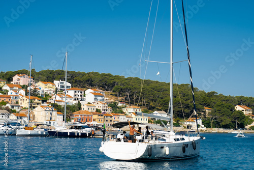 Fototapeta Naklejka Na Ścianę i Meble -  White yacht in the Adriatic sea Kvarner bay on Croatia islands Cres and Lošinj
