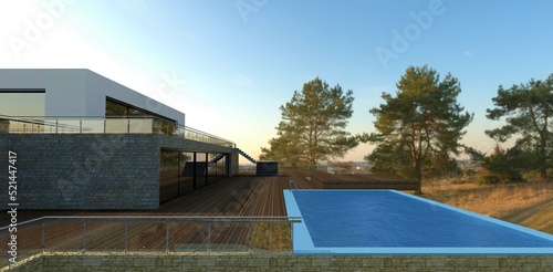 Spacious terrace with a swimming pool on the roof of an advanced club hotel. Wall finishing decorative slate. 3d render.