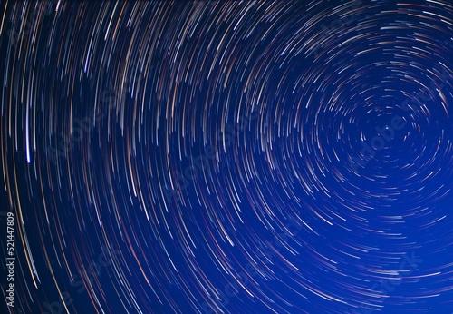 Stars move around the pole star at night. Long exposure