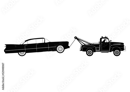 Silhouettes of tow truck and a broken car. Vector.