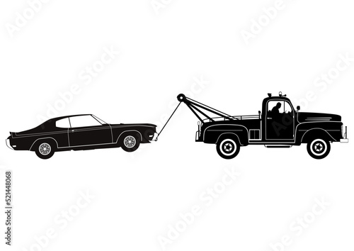 Silhouettes of tow truck and a broken car. Vector.