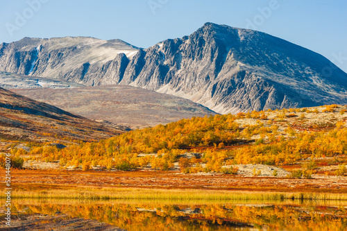 Reflection of mountains and trees in autumn landscape, Norway.