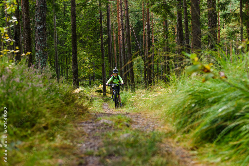 Naklejka premium Young boy cycle mountain bike in forest