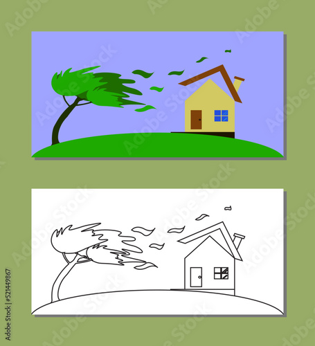 house in storm illustration and black and white line art.