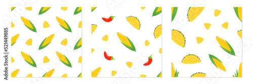 Set, collection of three vector seamless pattern backgrounds with corn, taco, nacho chips and chili peppers for food design.
