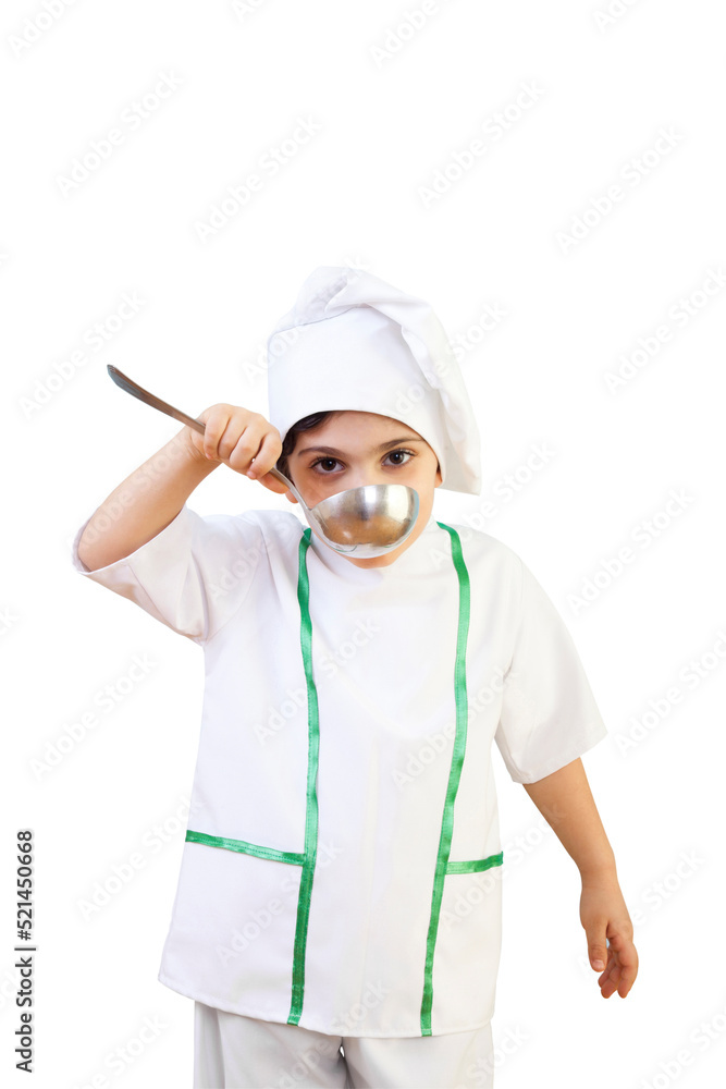 Little Chef is Tasting His Meal Against White Background Little Chef is Tasting His Meal Against White Background