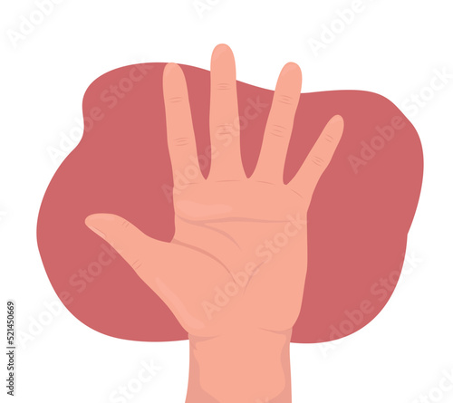 Palm with spread fingers 2D vector isolated illustration. Mountza flat hand gesture on cartoon background. Insulting symbol colourful editable scene for mobile, website, presentation