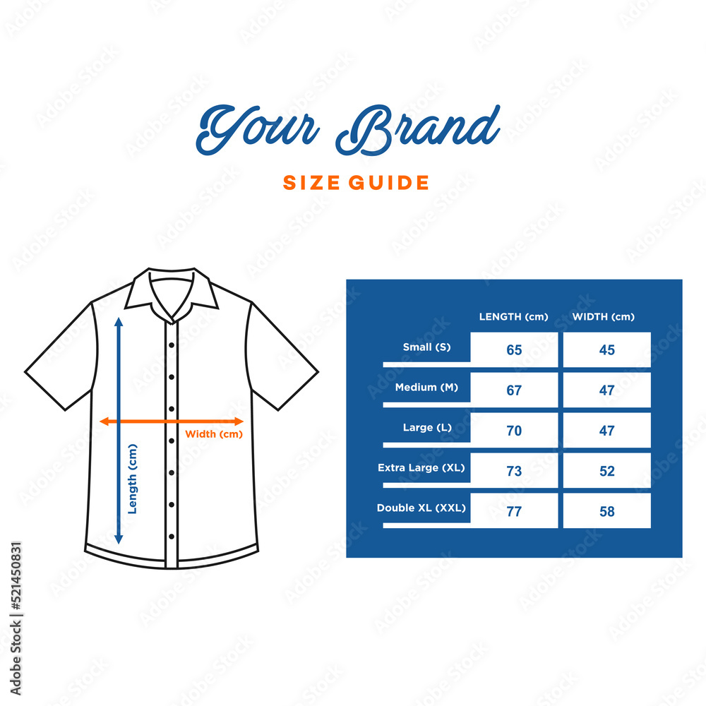 Vettoriale Stock short sleeve shirt size chart template vector. Infographic  table of size guide men shirt with collar and button. | Adobe Stock