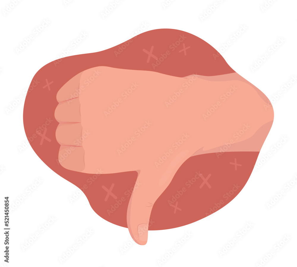 Thumbs down 2D vector isolated illustration. Disapproval flat hand gesture on cartoon background. Negative feedback and rejection colourful editable scene for mobile, website, presentation