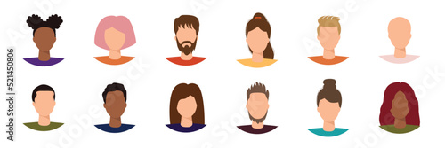 Set of persons, avatars, people heads of different ethnicity and age in flat style. Multi nationality social networks people faces collection.