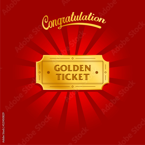 Golden ticket vector. Shiny Golden ticket on a background of rays of light. Vector illustration. Concept of Luxury golden gift certificate in vintage style with congratulation lettering.
