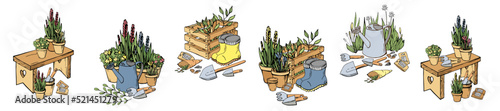 Colorful set with composition of garden tools, flowerpots, flowers, plants, watering can, boots, shovels, seeds. Collection group of colored elements isolated on white background. Vector illustration.