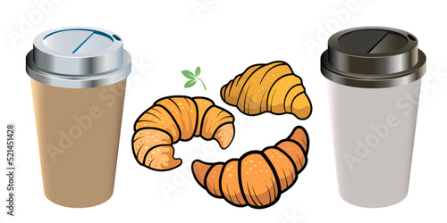 Vector image of croissants and a disposable paper cup with a plastic lid. Vector image.