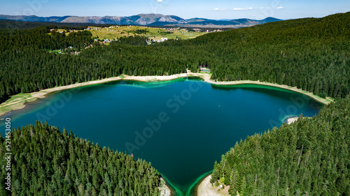 blakc lake in shape of stingray in zabliak, montenegro