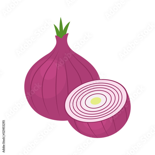 Red onions isolated on white background. Whole purple onion bulb and half. Allium cepa. Vector vegetables illustration in flat style.