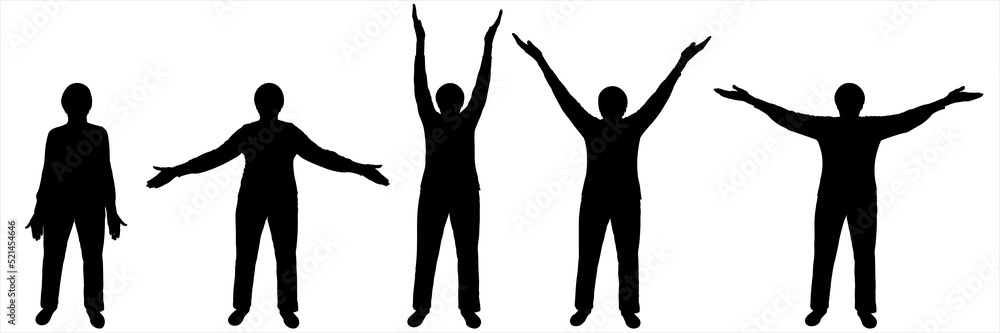 The woman is standing and waving her hands. Physical exercise in older age. Sports and the elderly. Five women stand in a row and perform different hand movements. Black silhouette isolated on white