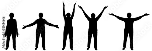 The woman is standing and waving her hands. Physical exercise in older age. Sports and the elderly. Five women stand in a row and perform different hand movements. Black silhouette isolated on white
