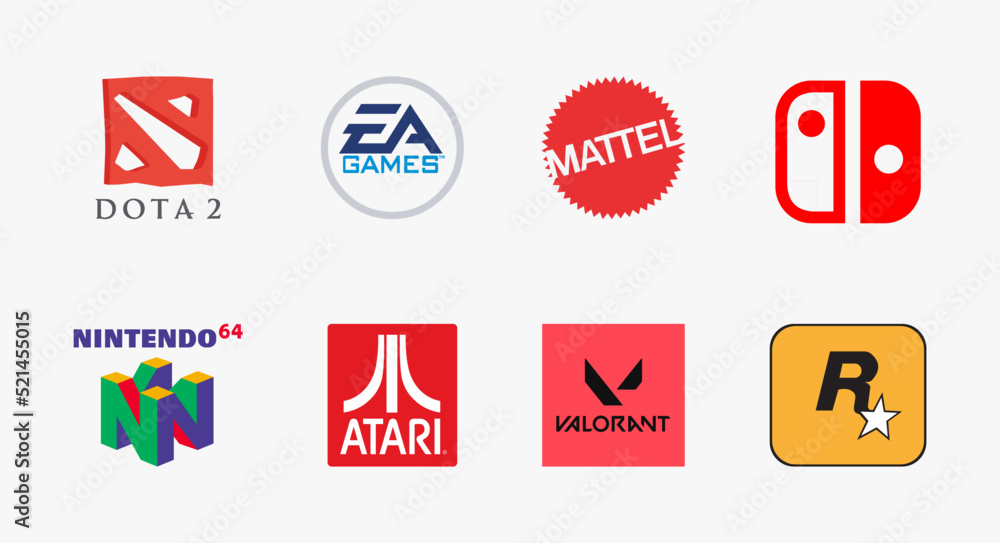 Famous gaming sports logo Mattel, Valorant, Nintendo 64, Rockstar Games, EA Games, Dota 2