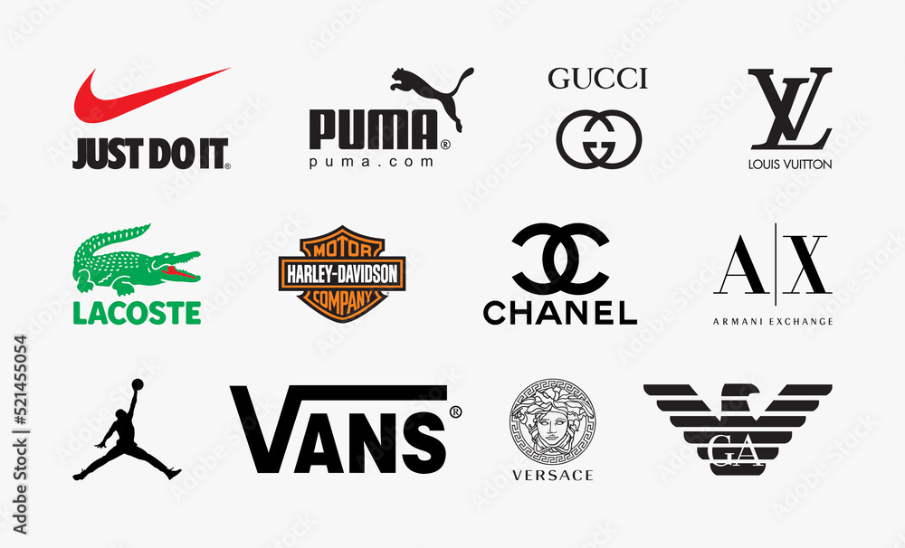 Most popular fashion brand logo collection: Louis Vuitton, Puma, Gucci, Lacoste, Harley-Davidson, Air Jordan, Nike Just It, Chanel, Emporio Armani, Vans, Armani Exchange, Versace. Stock Vector | Adobe Stock