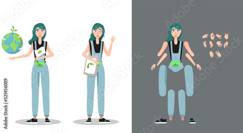 
Girl eco activist holds the earth in her hands. A set for creating an animation of a girl. Various hands. Front view, side view.