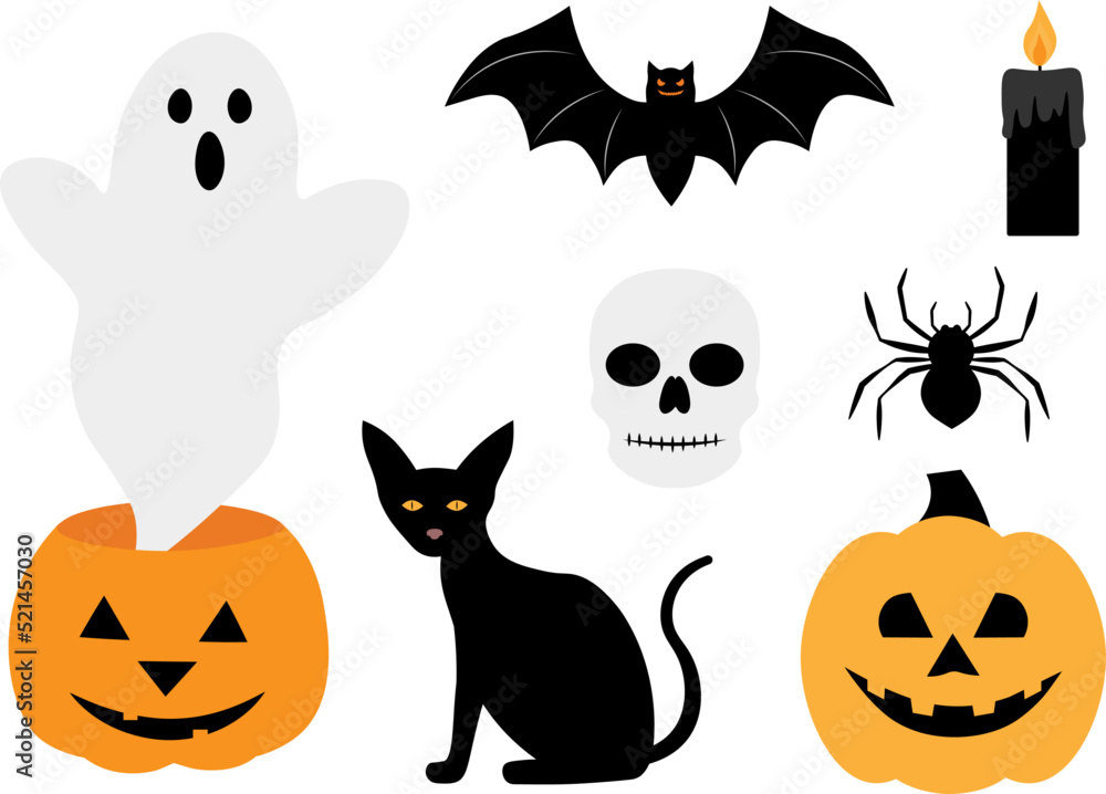 Halloween Ghost pumpkin bat cat spider vector illustration