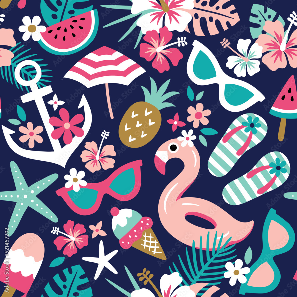 Summer themed seamless vector pattern with tropical flowers and beach accessoires. Perfect for fabric, wallpaper or wrapping paper.