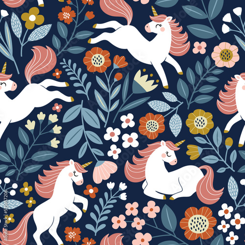 Papier peint Seamless vector pattern with cute unicorns on floral background.